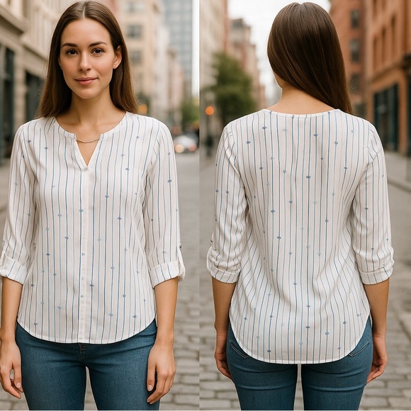 MWT Jade Ladder Front White Navy Stripe Print Convertible Sleeves Blouse Size S - Picture 1 of 9
